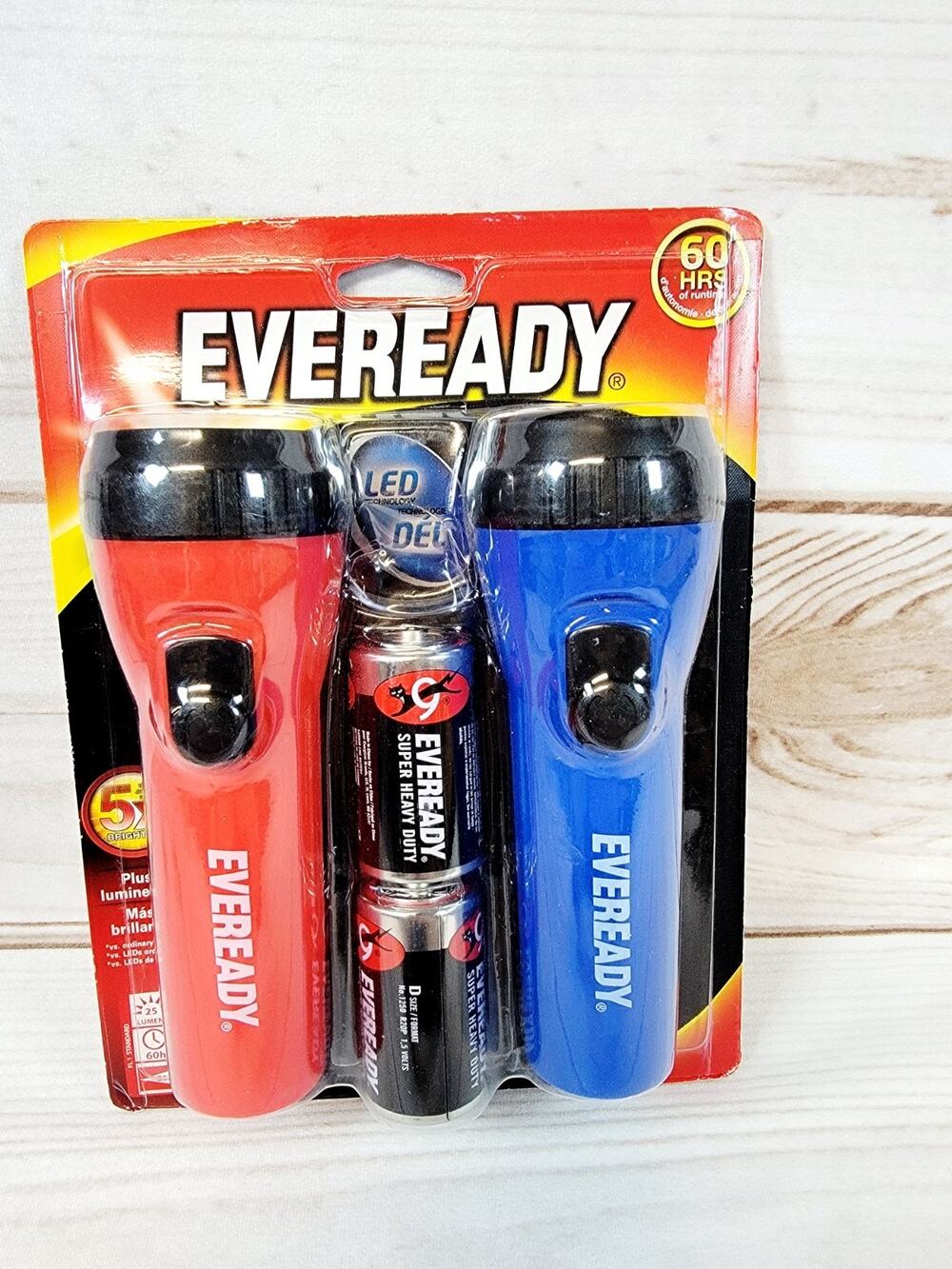 Eveready LED 60 Hour Flashlight 2 Pack w/ 2 Batteries Red & Blue - NEW